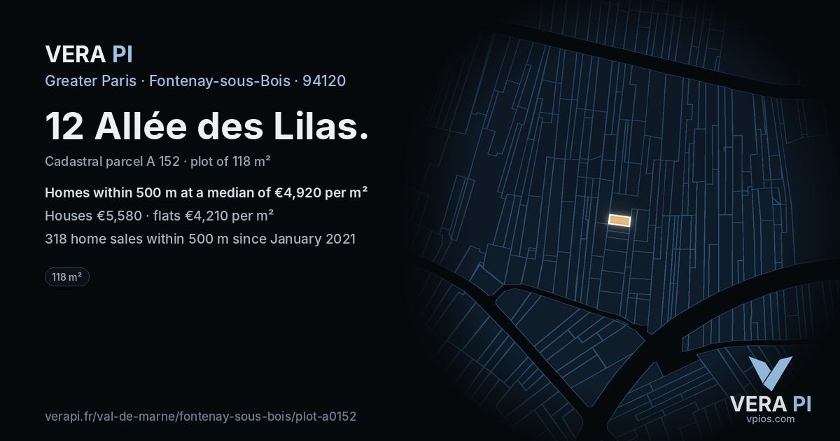 12 Allée des Lilas, Fontenay-sous-Bois at night – the plot lit, the parcels around coloured by the prices near them