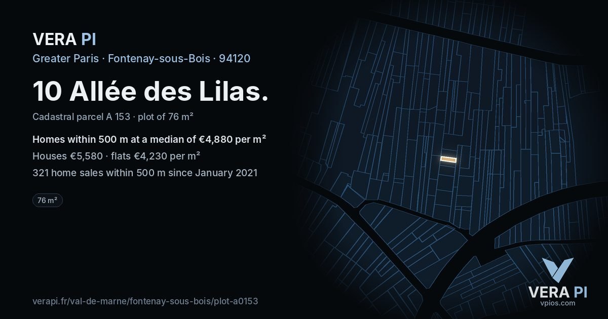 10 Allée des Lilas, Fontenay-sous-Bois at night – the plot lit, the parcels around coloured by the prices near them