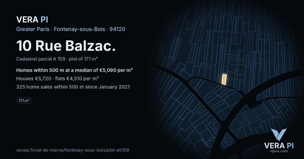 10 Rue Balzac, Fontenay-sous-Bois at night – the plot lit, the parcels around coloured by the prices near them