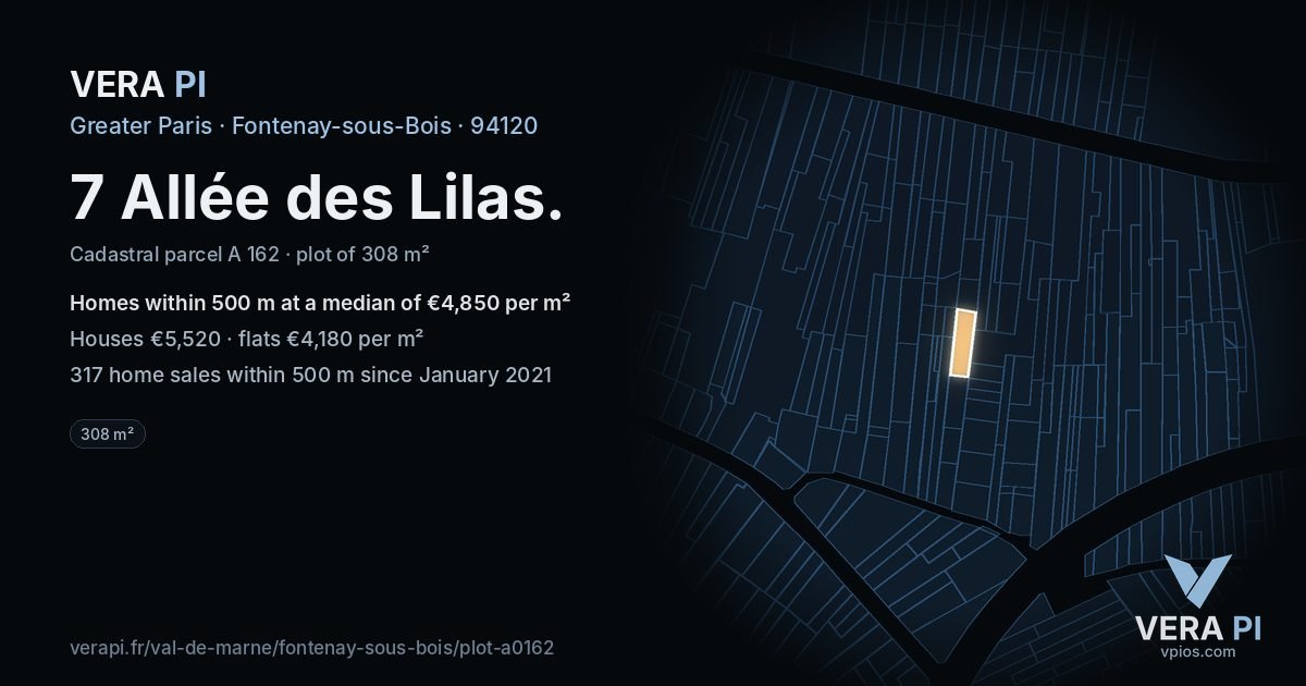 7 Allée des Lilas, Fontenay-sous-Bois at night – the plot lit, the parcels around coloured by the prices near them