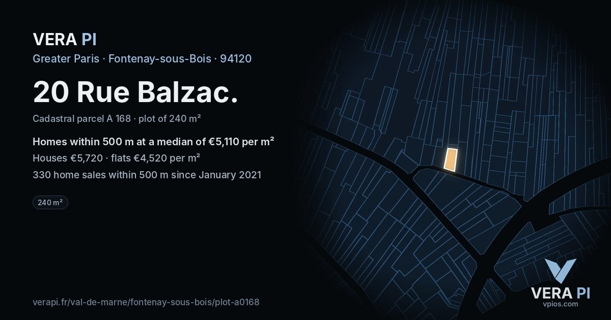 20 Rue Balzac, Fontenay-sous-Bois at night – the plot lit, the parcels around coloured by the prices near them