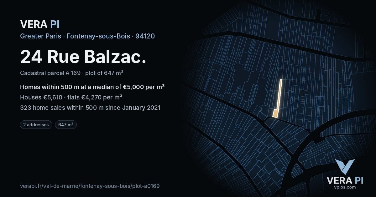 24 Rue Balzac, Fontenay-sous-Bois at night – the plot lit, the parcels around coloured by the prices near them