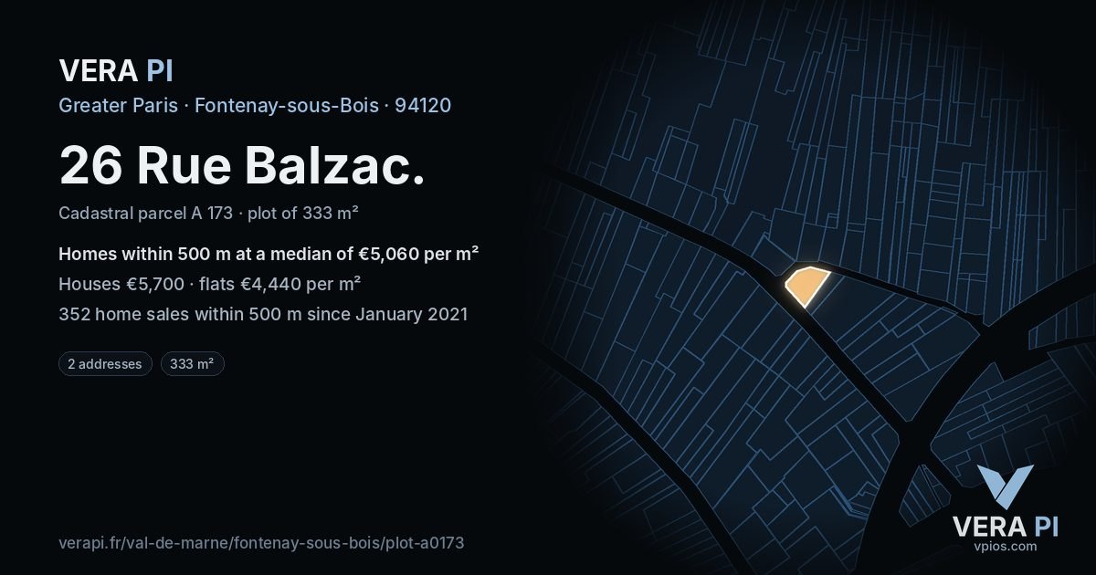 26 Rue Balzac, Fontenay-sous-Bois at night – the plot lit, the parcels around coloured by the prices near them