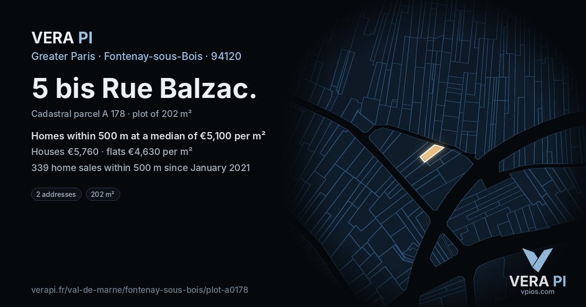 5 bis Rue Balzac, Fontenay-sous-Bois at night – the plot lit, the parcels around coloured by the prices near them