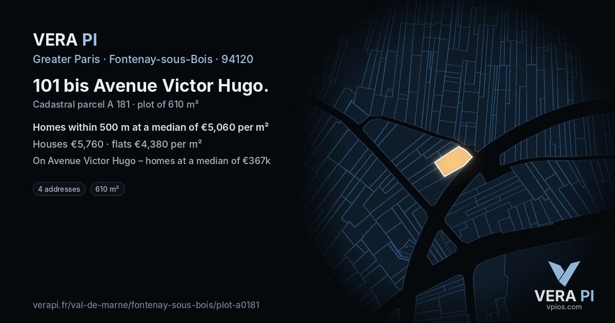 101 bis Avenue Victor Hugo, Fontenay-sous-Bois at night – the plot lit, the parcels around coloured by the prices near them
