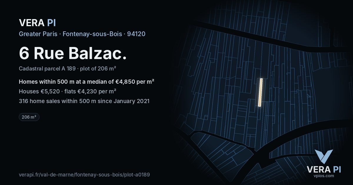 6 Rue Balzac, Fontenay-sous-Bois at night – the plot lit, the parcels around coloured by the prices near them