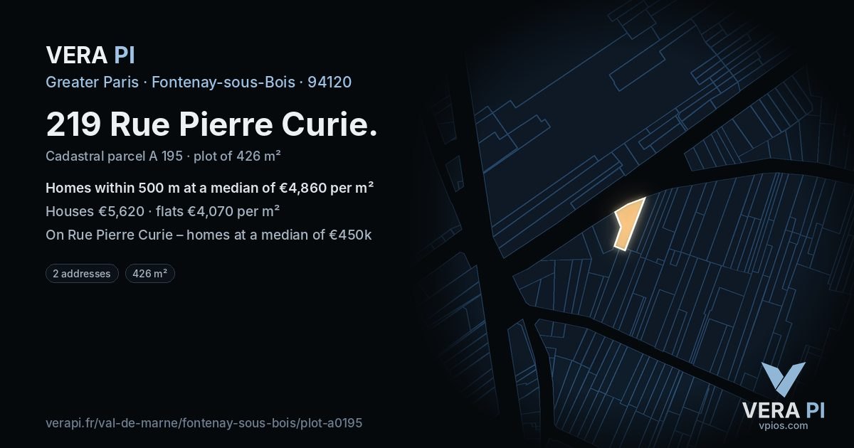 219 Rue Pierre Curie, Fontenay-sous-Bois at night – the plot lit, the parcels around coloured by the prices near them