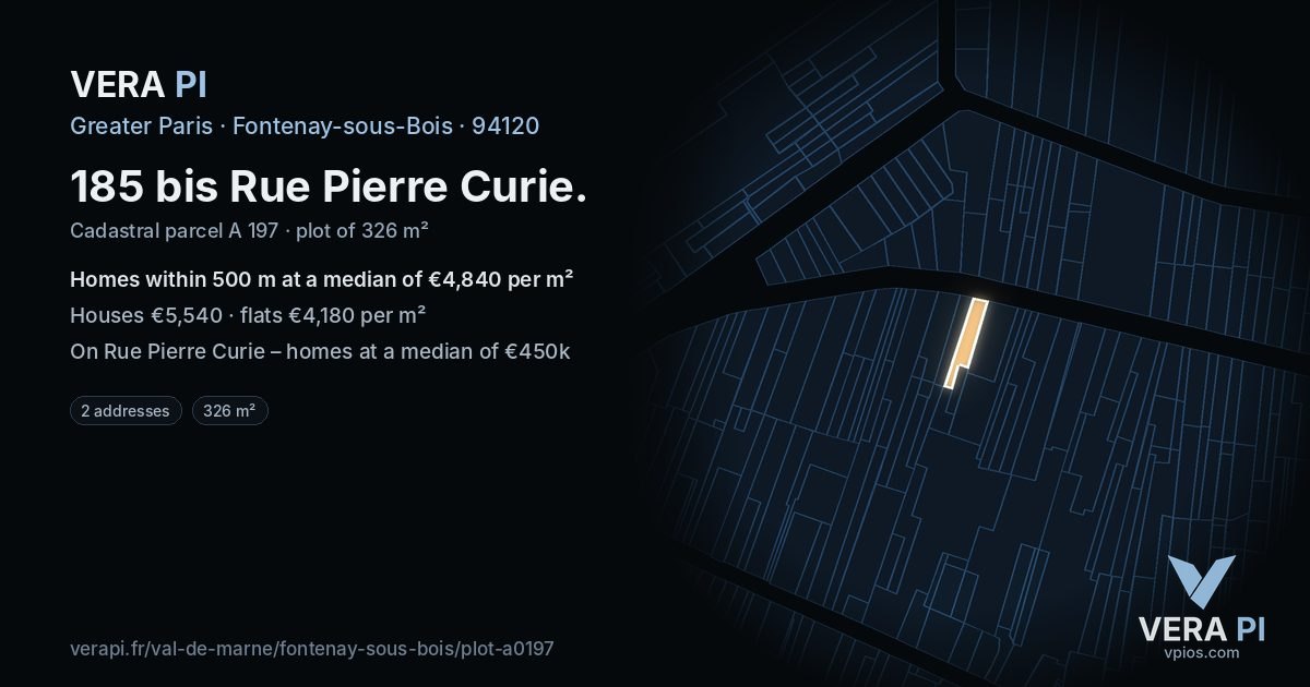 185 bis Rue Pierre Curie, Fontenay-sous-Bois at night – the plot lit, the parcels around coloured by the prices near them