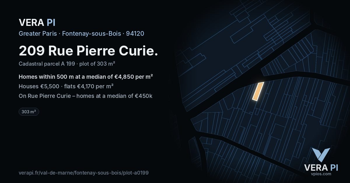 209 Rue Pierre Curie, Fontenay-sous-Bois at night – the plot lit, the parcels around coloured by the prices near them