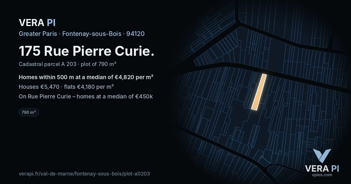 175 Rue Pierre Curie, Fontenay-sous-Bois at night – the plot lit, the parcels around coloured by the prices near them