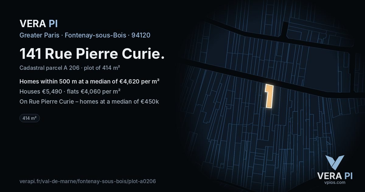 141 Rue Pierre Curie, Fontenay-sous-Bois at night – the plot lit, the parcels around coloured by the prices near them