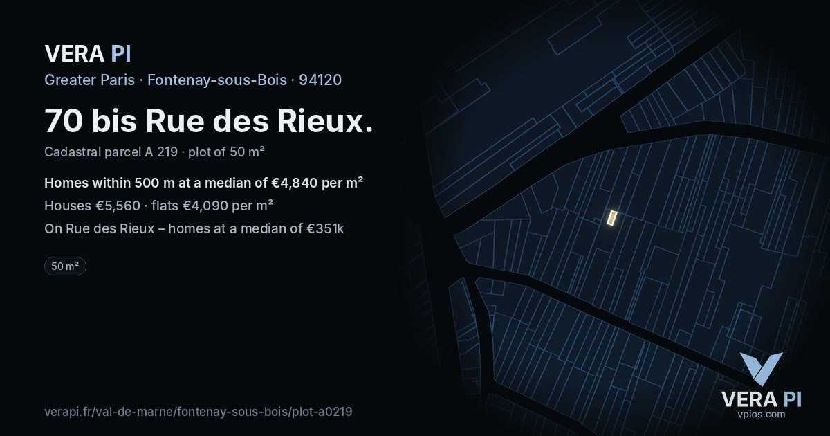 70 bis Rue des Rieux, Fontenay-sous-Bois at night – the plot lit, the parcels around coloured by the prices near them
