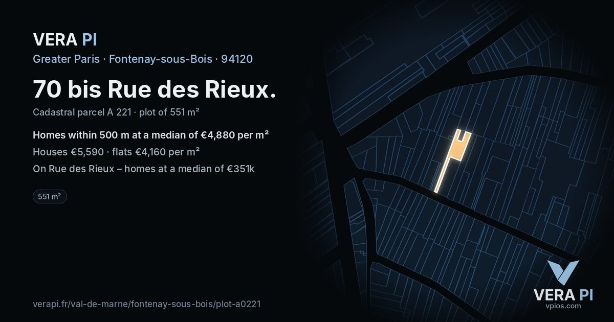 70 bis Rue des Rieux, Fontenay-sous-Bois at night – the plot lit, the parcels around coloured by the prices near them