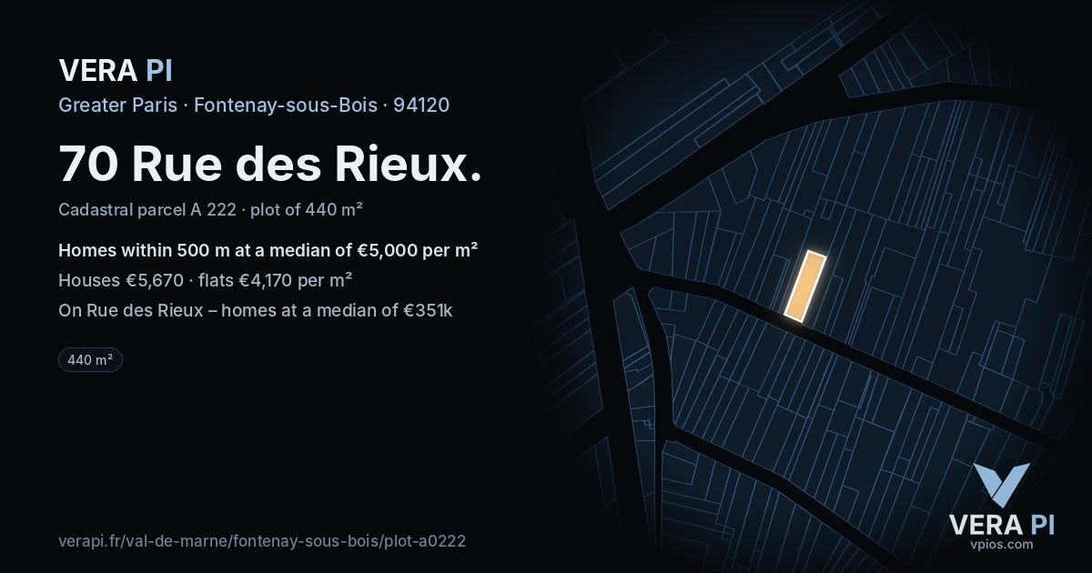 70 Rue des Rieux, Fontenay-sous-Bois at night – the plot lit, the parcels around coloured by the prices near them