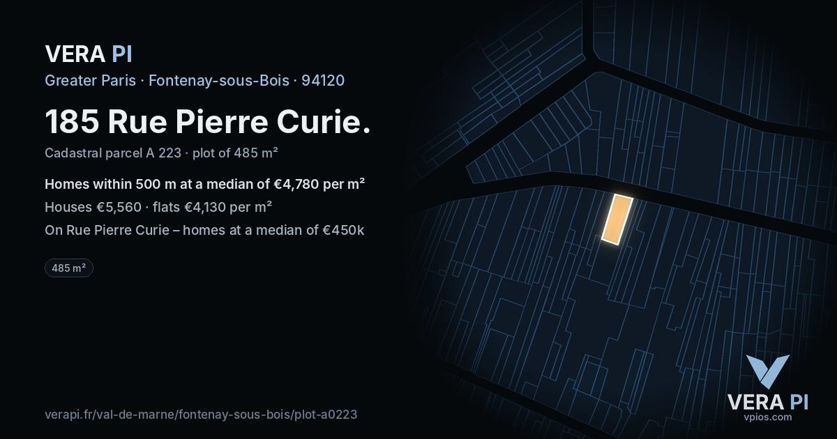 185 Rue Pierre Curie, Fontenay-sous-Bois at night – the plot lit, the parcels around coloured by the prices near them