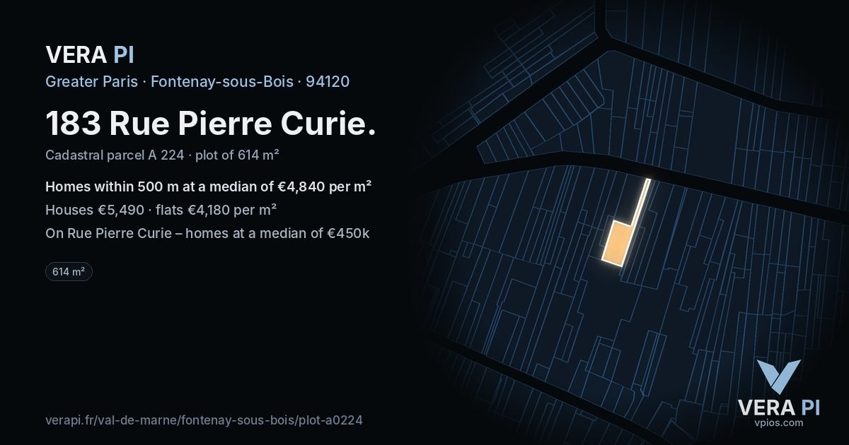 183 Rue Pierre Curie, Fontenay-sous-Bois at night – the plot lit, the parcels around coloured by the prices near them