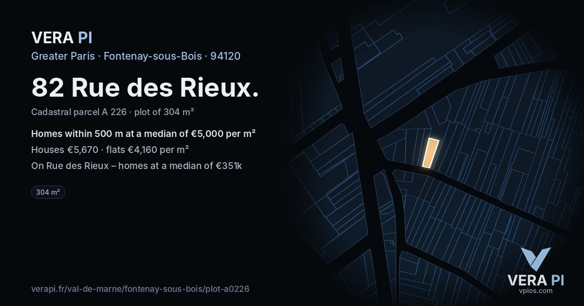 82 Rue des Rieux, Fontenay-sous-Bois at night – the plot lit, the parcels around coloured by the prices near them