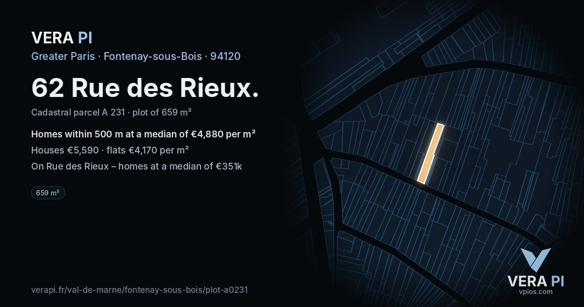 62 Rue des Rieux, Fontenay-sous-Bois at night – the plot lit, the parcels around coloured by the prices near them