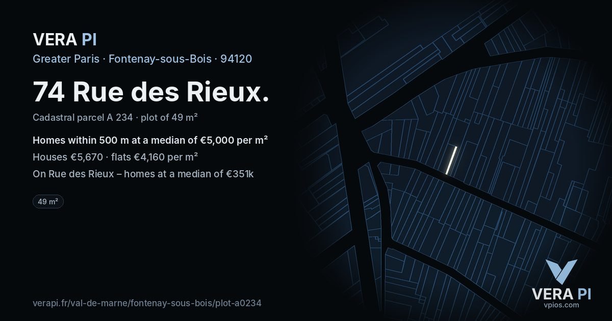 74 Rue des Rieux, Fontenay-sous-Bois at night – the plot lit, the parcels around coloured by the prices near them