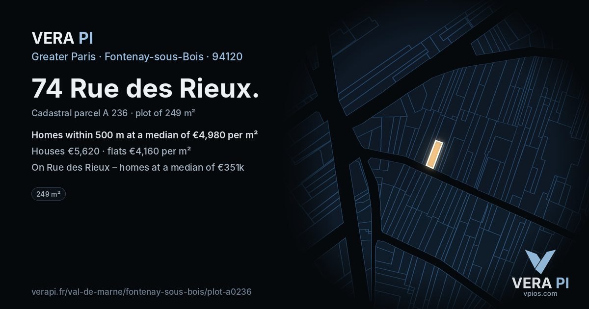 74 Rue des Rieux, Fontenay-sous-Bois at night – the plot lit, the parcels around coloured by the prices near them