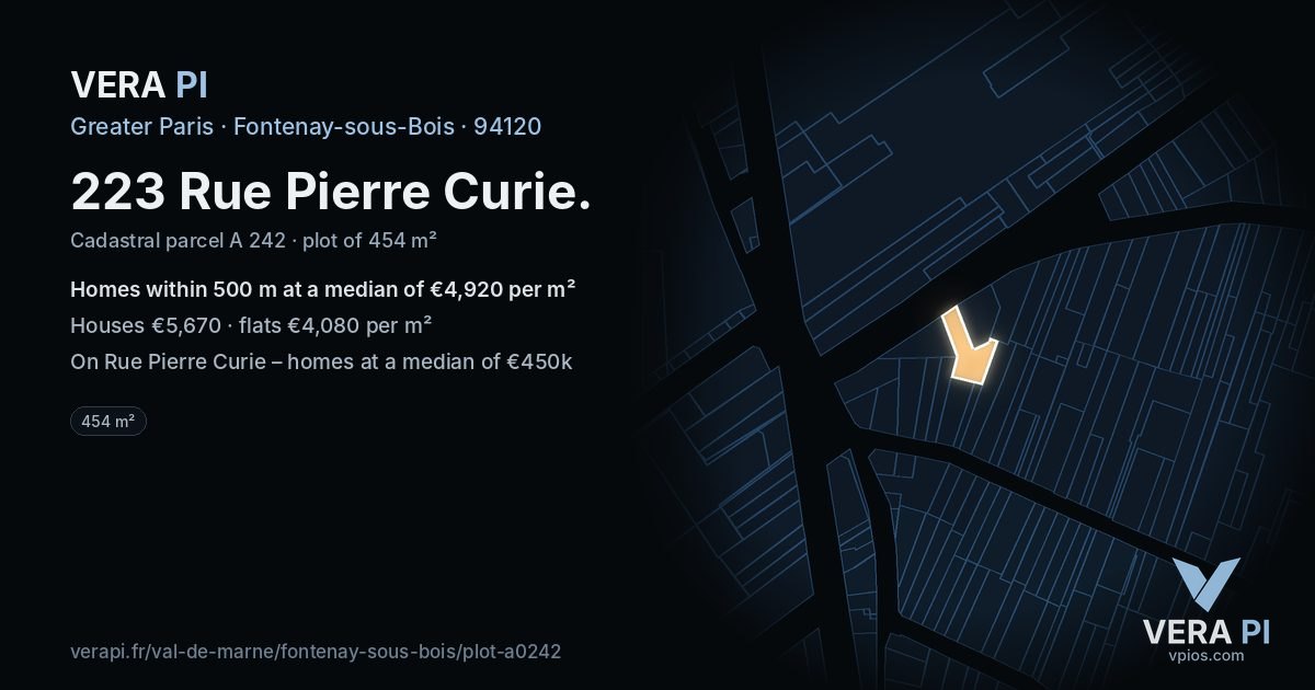 223 Rue Pierre Curie, Fontenay-sous-Bois at night – the plot lit, the parcels around coloured by the prices near them