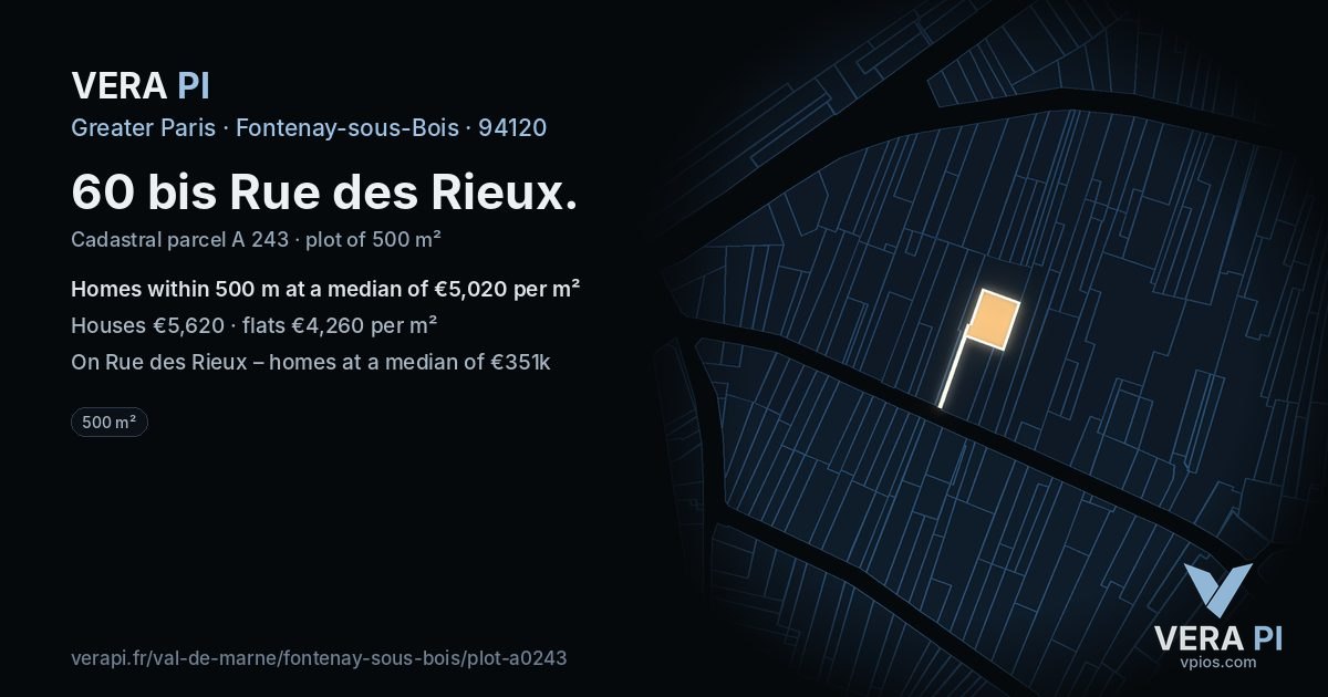 60 bis Rue des Rieux, Fontenay-sous-Bois at night – the plot lit, the parcels around coloured by the prices near them