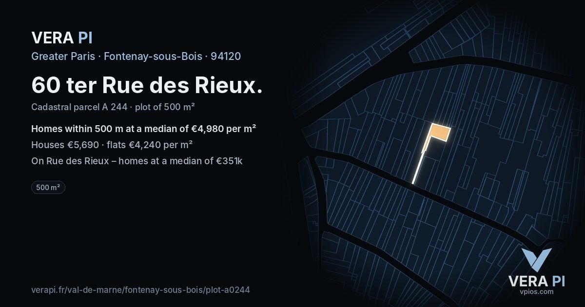 60 ter Rue des Rieux, Fontenay-sous-Bois at night – the plot lit, the parcels around coloured by the prices near them