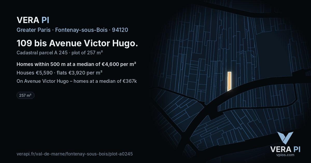 109 bis Avenue Victor Hugo, Fontenay-sous-Bois at night – the plot lit, the parcels around coloured by the prices near them