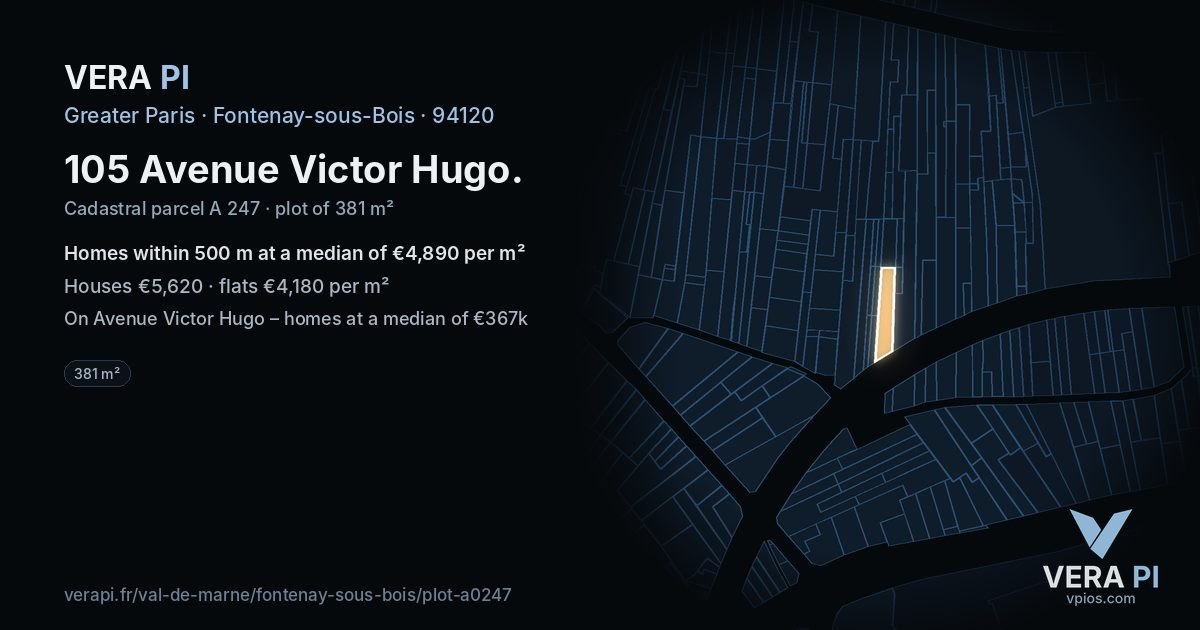 105 Avenue Victor Hugo, Fontenay-sous-Bois at night – the plot lit, the parcels around coloured by the prices near them