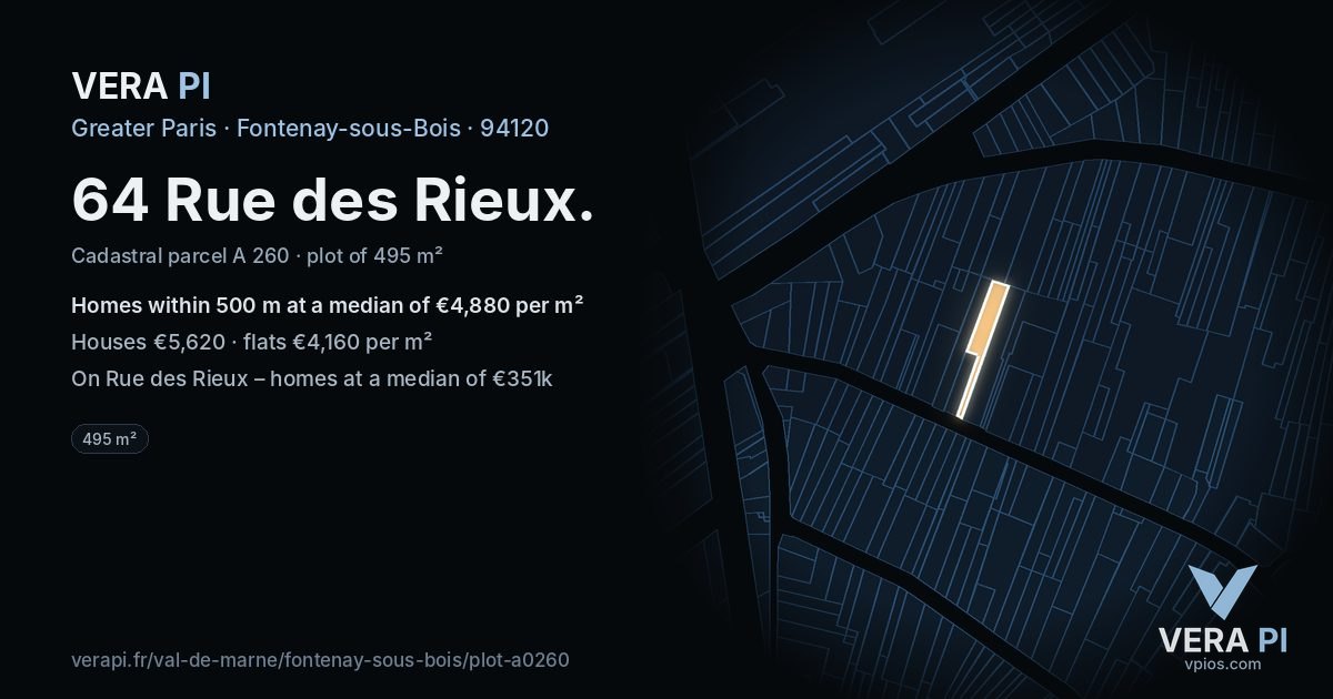 64 Rue des Rieux, Fontenay-sous-Bois at night – the plot lit, the parcels around coloured by the prices near them