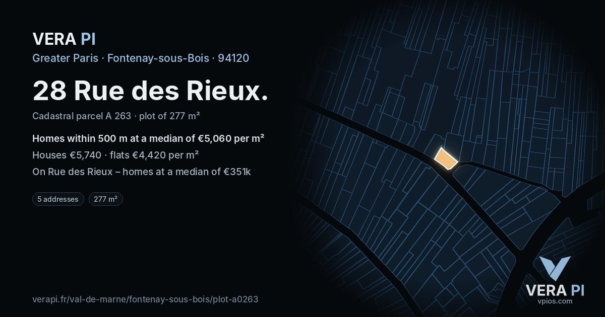 28 Rue des Rieux, Fontenay-sous-Bois at night – the plot lit, the parcels around coloured by the prices near them