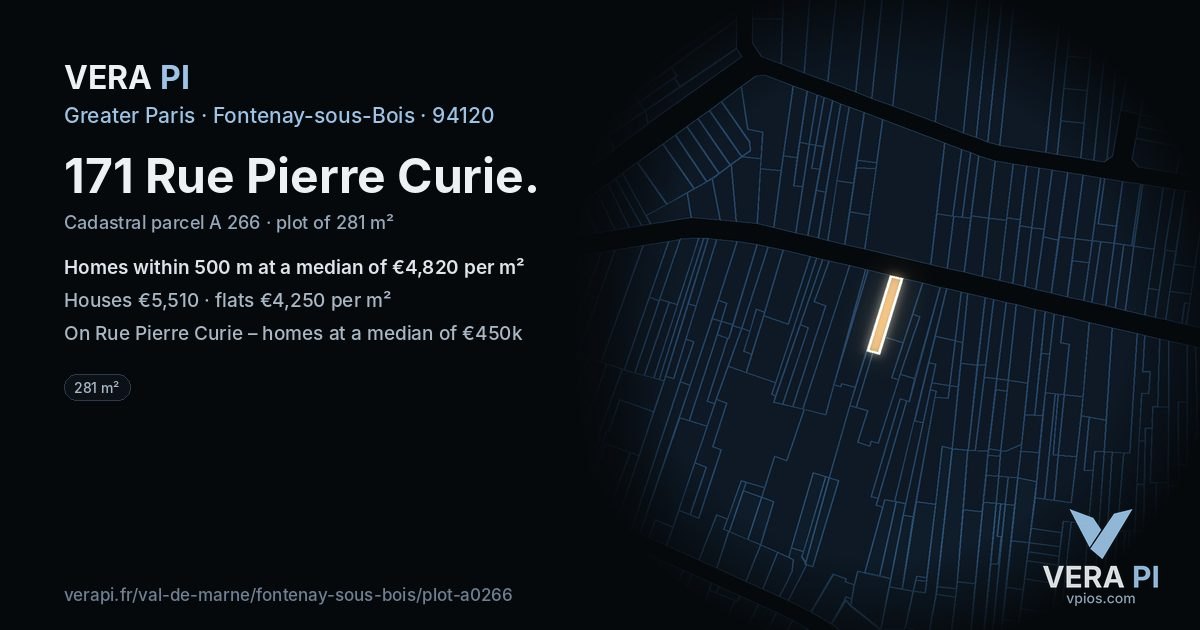 171 Rue Pierre Curie, Fontenay-sous-Bois at night – the plot lit, the parcels around coloured by the prices near them