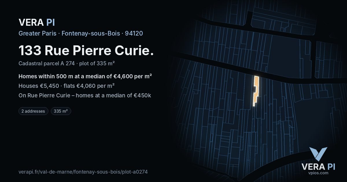 133 Rue Pierre Curie, Fontenay-sous-Bois at night – the plot lit, the parcels around coloured by the prices near them