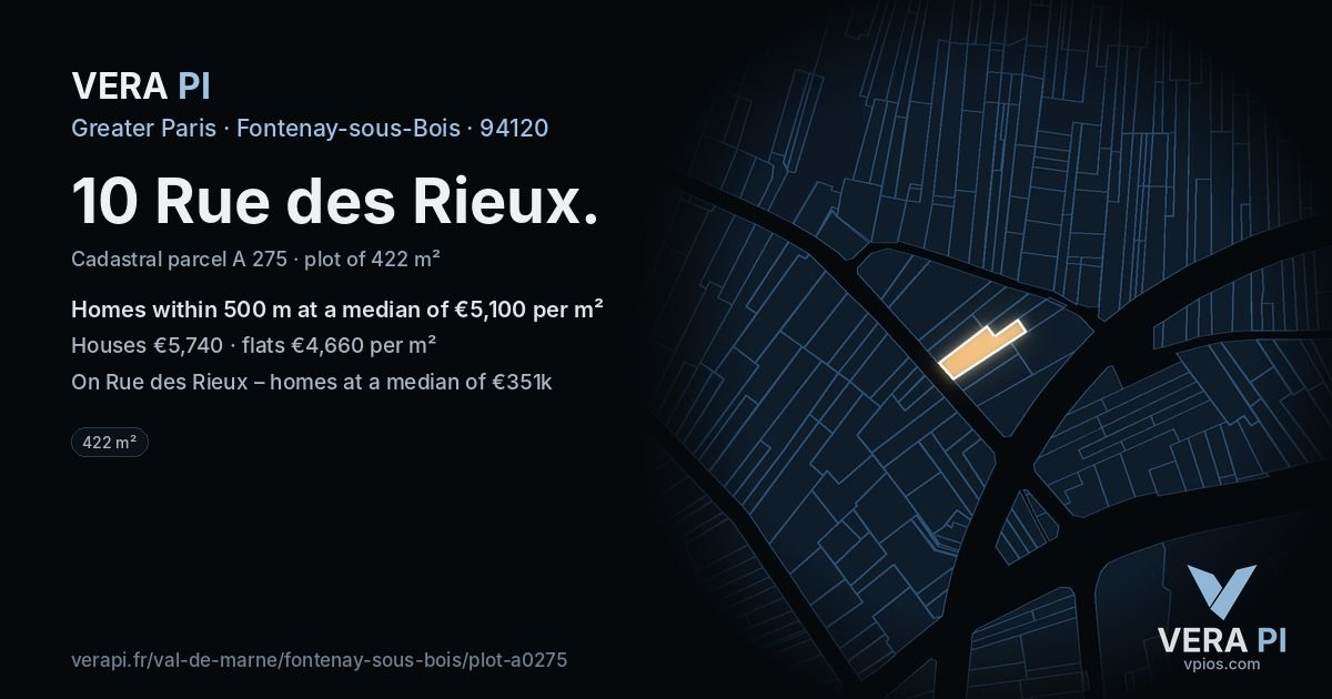 10 Rue des Rieux, Fontenay-sous-Bois at night – the plot lit, the parcels around coloured by the prices near them