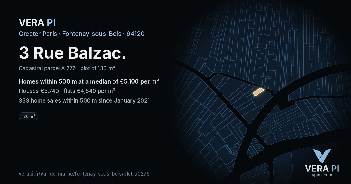 3 Rue Balzac, Fontenay-sous-Bois at night – the plot lit, the parcels around coloured by the prices near them