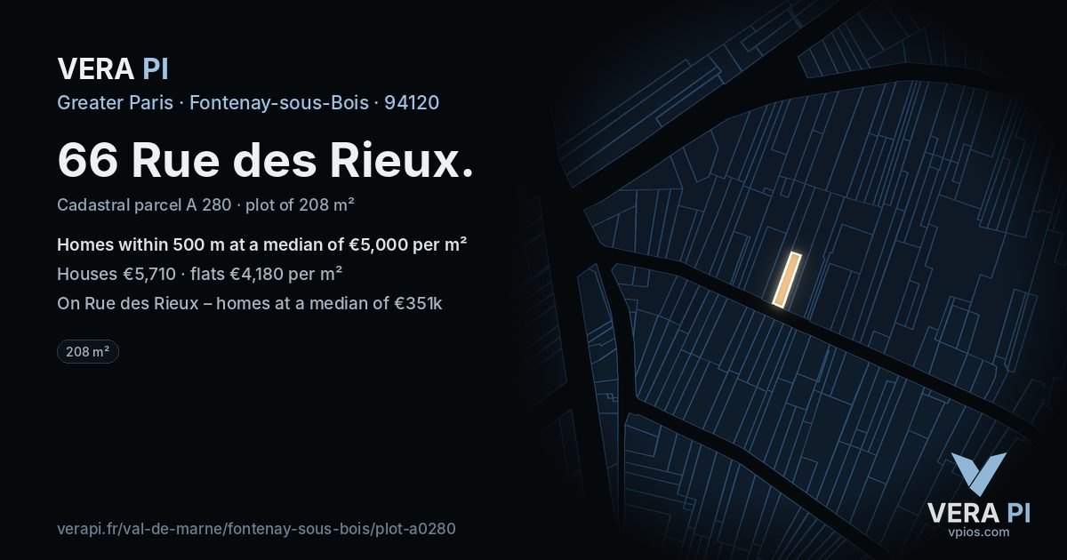 66 Rue des Rieux, Fontenay-sous-Bois at night – the plot lit, the parcels around coloured by the prices near them