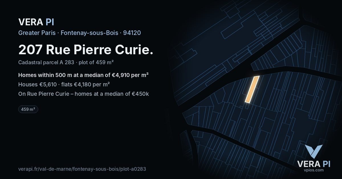 207 Rue Pierre Curie, Fontenay-sous-Bois at night – the plot lit, the parcels around coloured by the prices near them