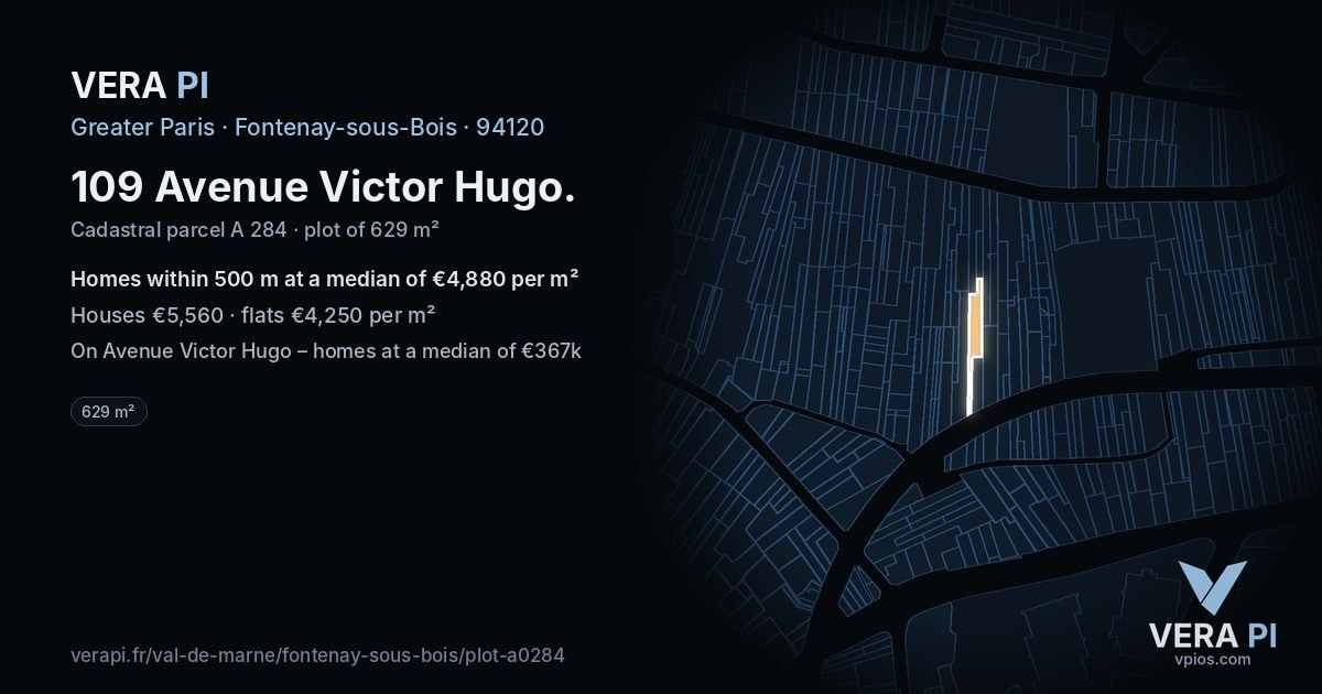 109 Avenue Victor Hugo, Fontenay-sous-Bois at night – the plot lit, the parcels around coloured by the prices near them
