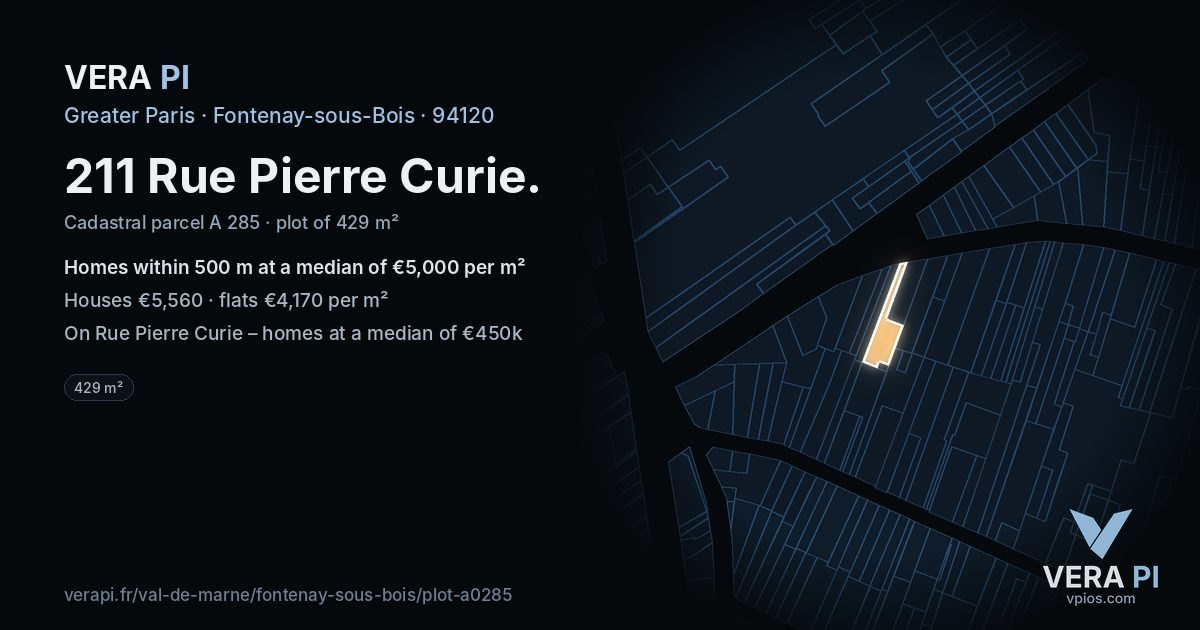 211 Rue Pierre Curie, Fontenay-sous-Bois at night – the plot lit, the parcels around coloured by the prices near them