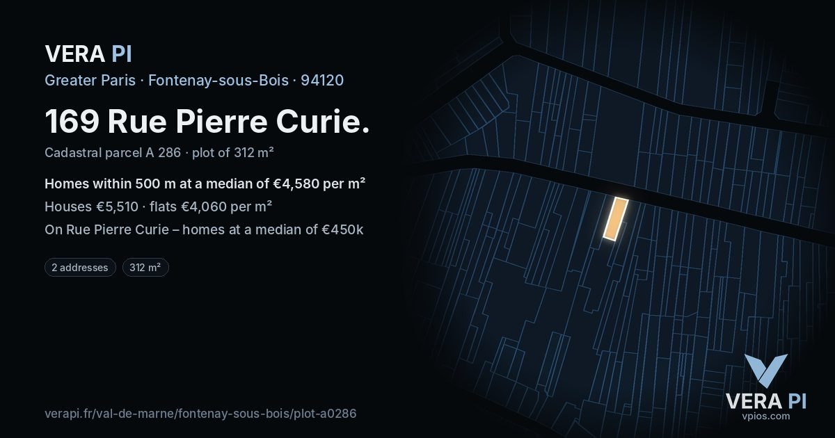 169 Rue Pierre Curie, Fontenay-sous-Bois at night – the plot lit, the parcels around coloured by the prices near them