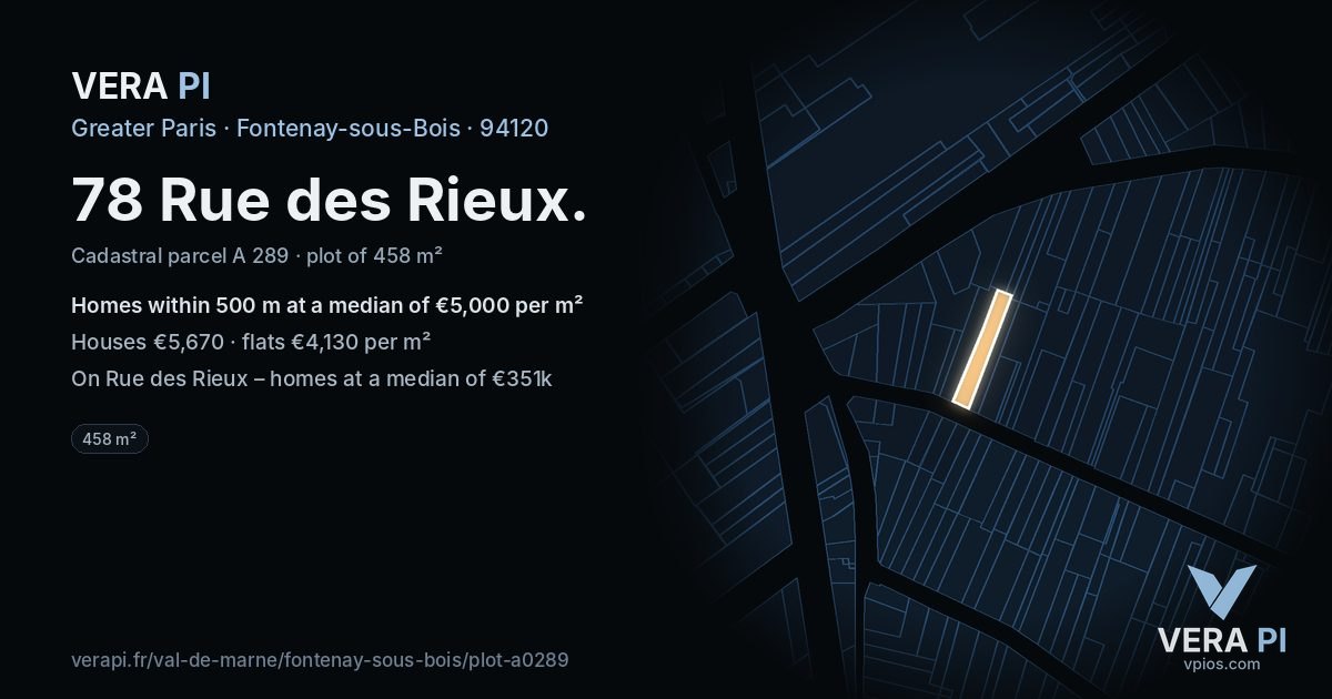 78 Rue des Rieux, Fontenay-sous-Bois at night – the plot lit, the parcels around coloured by the prices near them