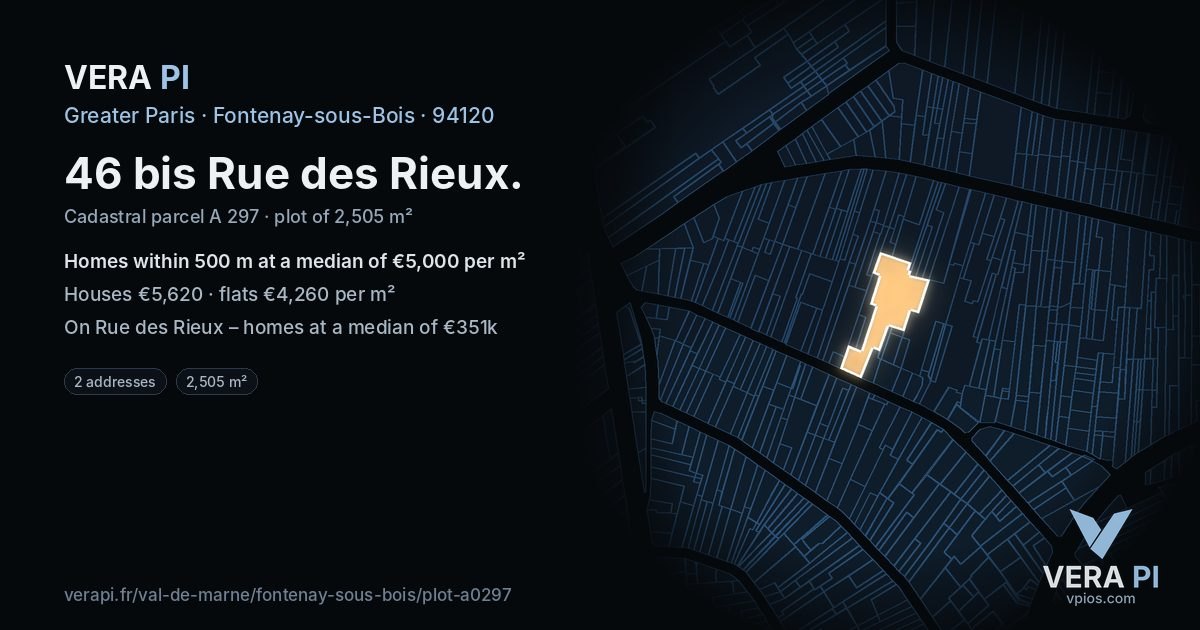 46 bis Rue des Rieux, Fontenay-sous-Bois at night – the plot lit, the parcels around coloured by the prices near them