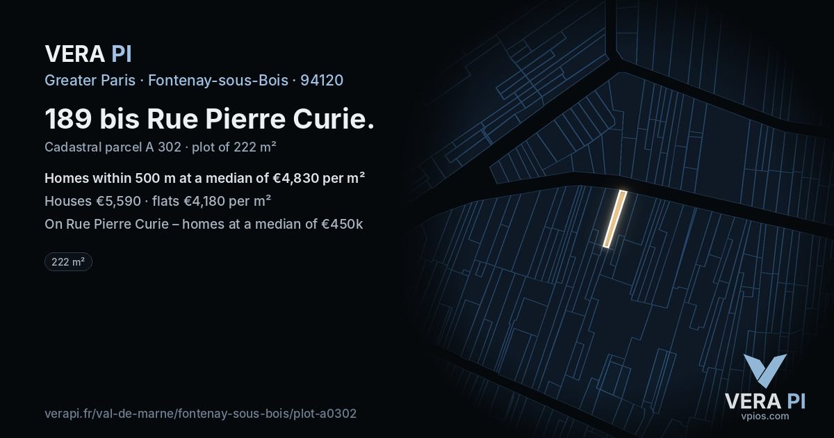 189 bis Rue Pierre Curie, Fontenay-sous-Bois at night – the plot lit, the parcels around coloured by the prices near them