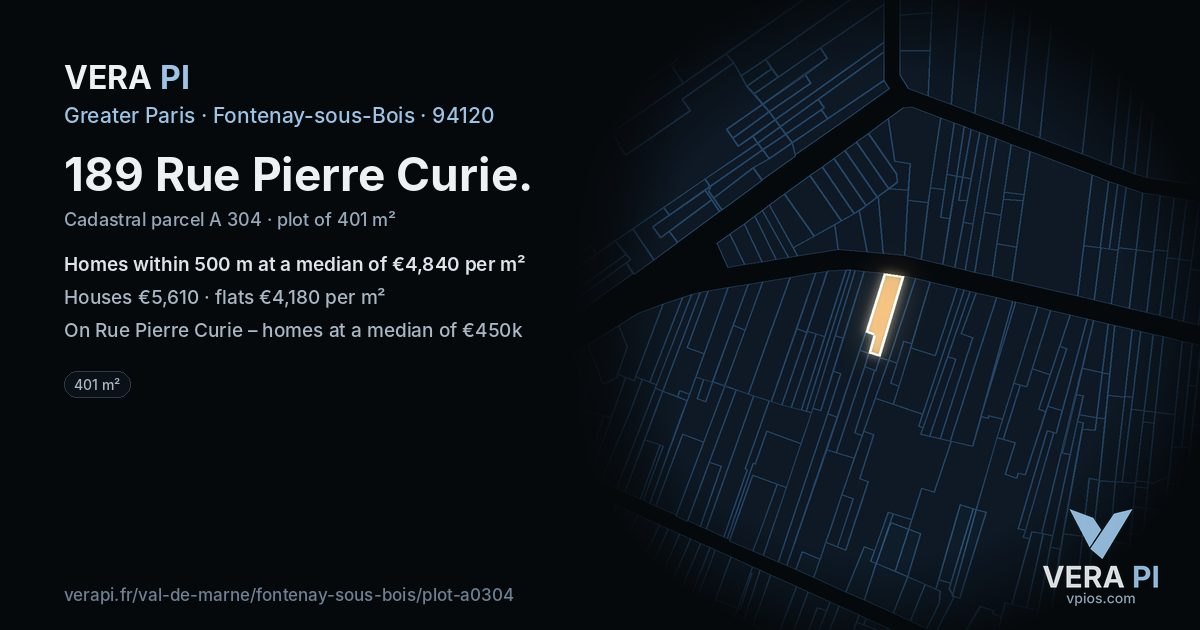 189 Rue Pierre Curie, Fontenay-sous-Bois at night – the plot lit, the parcels around coloured by the prices near them