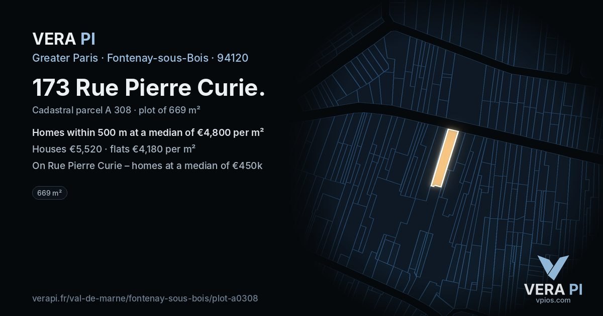 173 Rue Pierre Curie, Fontenay-sous-Bois at night – the plot lit, the parcels around coloured by the prices near them