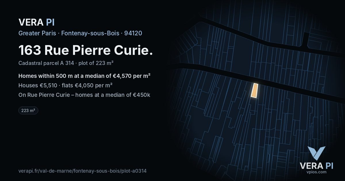 163 Rue Pierre Curie, Fontenay-sous-Bois at night – the plot lit, the parcels around coloured by the prices near them