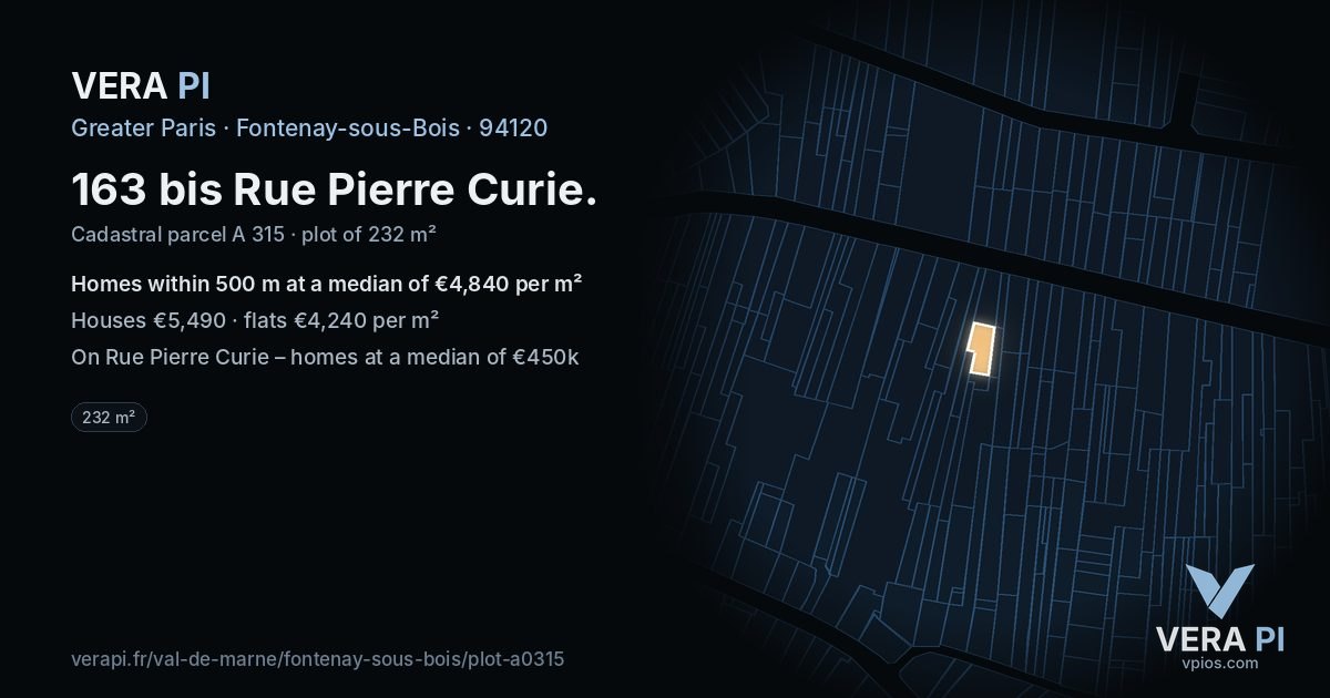163 bis Rue Pierre Curie, Fontenay-sous-Bois at night – the plot lit, the parcels around coloured by the prices near them