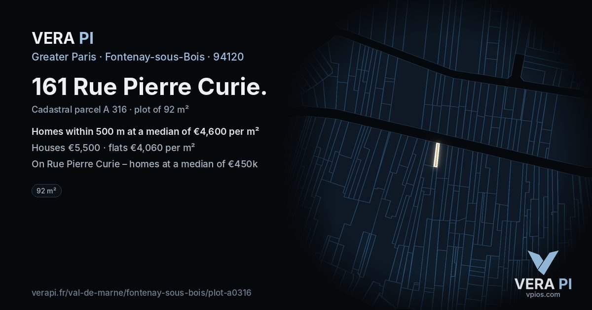 161 Rue Pierre Curie, Fontenay-sous-Bois at night – the plot lit, the parcels around coloured by the prices near them