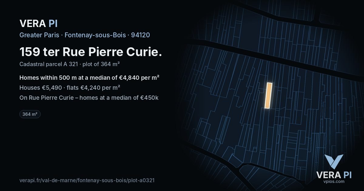 159 ter Rue Pierre Curie, Fontenay-sous-Bois at night – the plot lit, the parcels around coloured by the prices near them