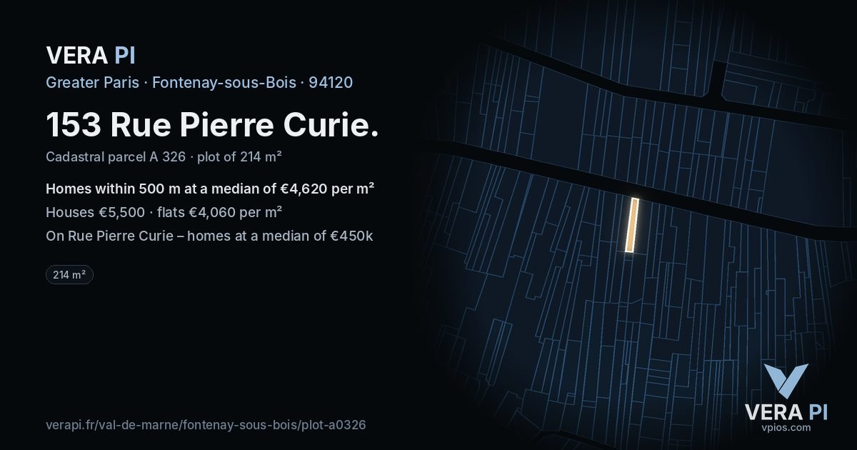 153 Rue Pierre Curie, Fontenay-sous-Bois at night – the plot lit, the parcels around coloured by the prices near them